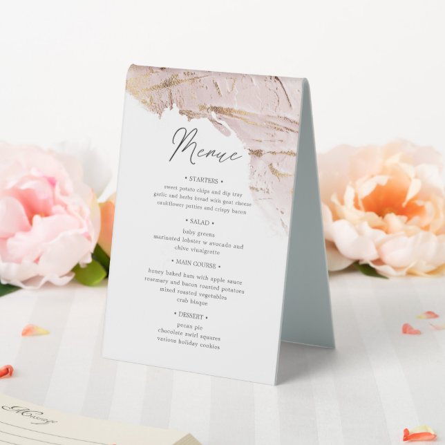 textured rose gold table number and wedding menu (In SItu (Wedding))