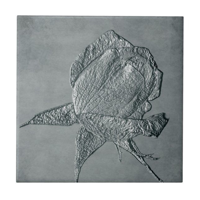 Textured Silver Rosebud Floral Art Tile (Front)