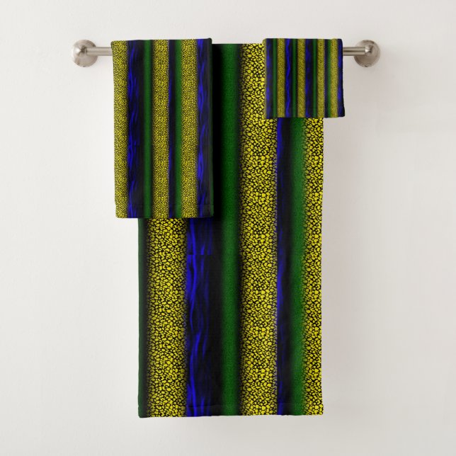 Textured Stripes Yellow Blue Green Black Bath Towel Set (Insitu)