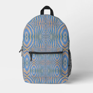 Textured, symmetrical blue and gold zebra pattern printed backpack