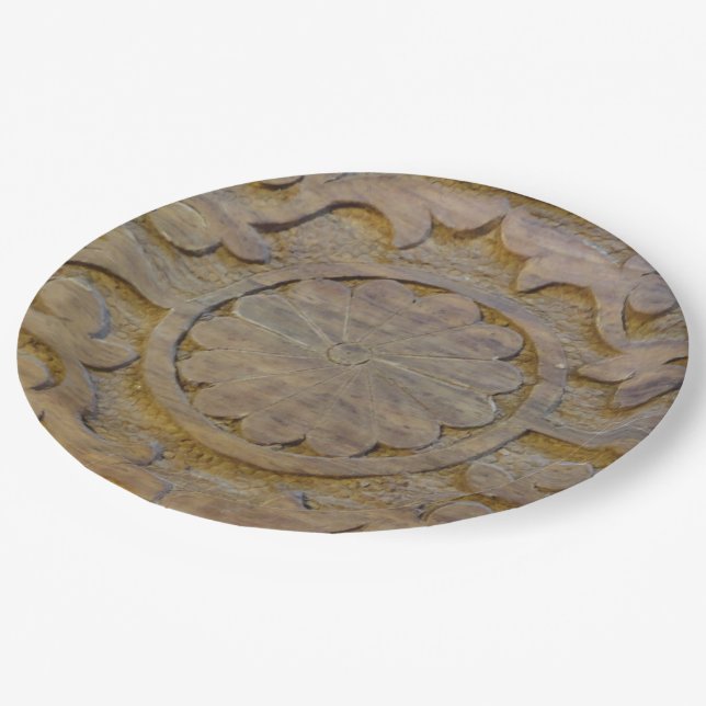 Textured Teak Wood Scroll Design Custom Paper Plate (Angled)