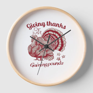 Textured Turkey Drawing in Rich Red Sepia on Pale  Clock