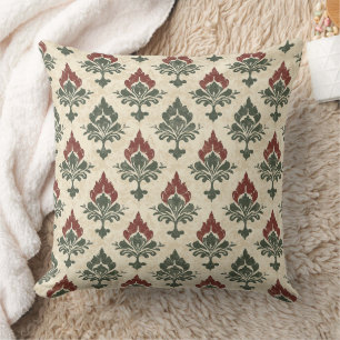 Textured Vintage Damask Red Green Beige Cushion