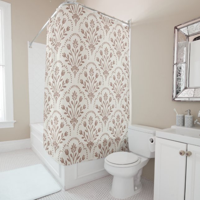 Textured Warm Brown Floral Scallop Pattern Shower Curtain (In Situ)