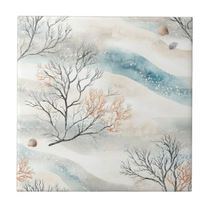 Textured Watercolor Coral in Orange & Slate Blue Tile