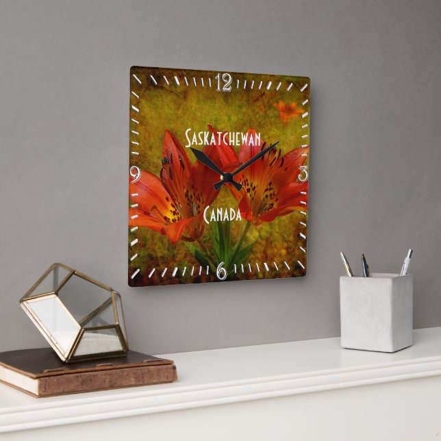 Textured Western Red Prairie Lily Icon Square Wall Clock (Office)