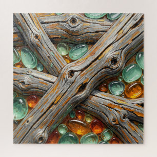Textured Wood Branches Teal Amber Gems Jigsaw Puzzle