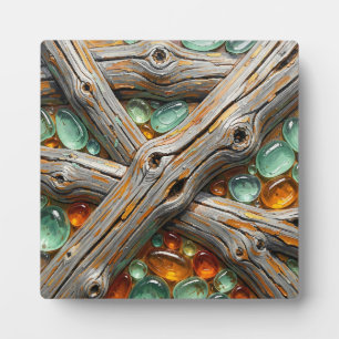 Textured Wood Branches Teal Amber Gems Plaque