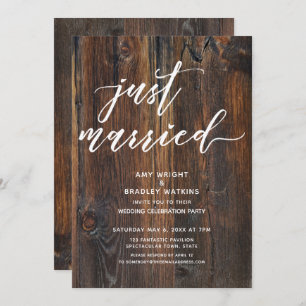 Textured Wood Handwriting Just Married Typography Invitation
