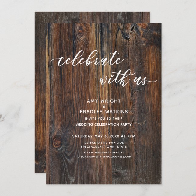 Textured Wood Handwriting Script Celebrate with Us Invitation (Front/Back)