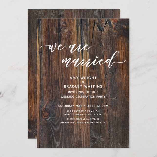 Textured Wood Handwriting We Are Married Reception Invitation (Front/Back)