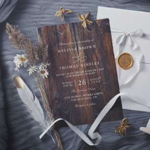 Textured Wood Rustic Country QR Code Wedding Invitation