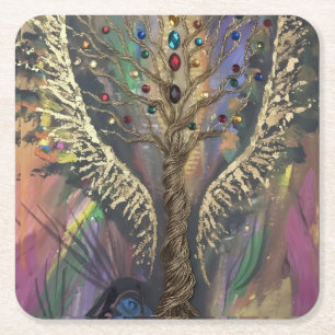 Th Divine Tree Of Life celestial wings and jewels  Square Paper Coaster