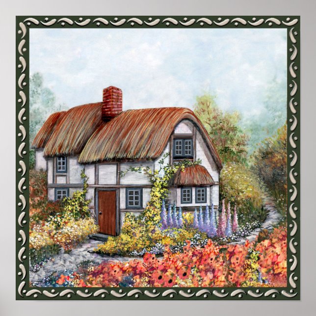 Thached Vintage Country Cottage Painting Poster (Front)