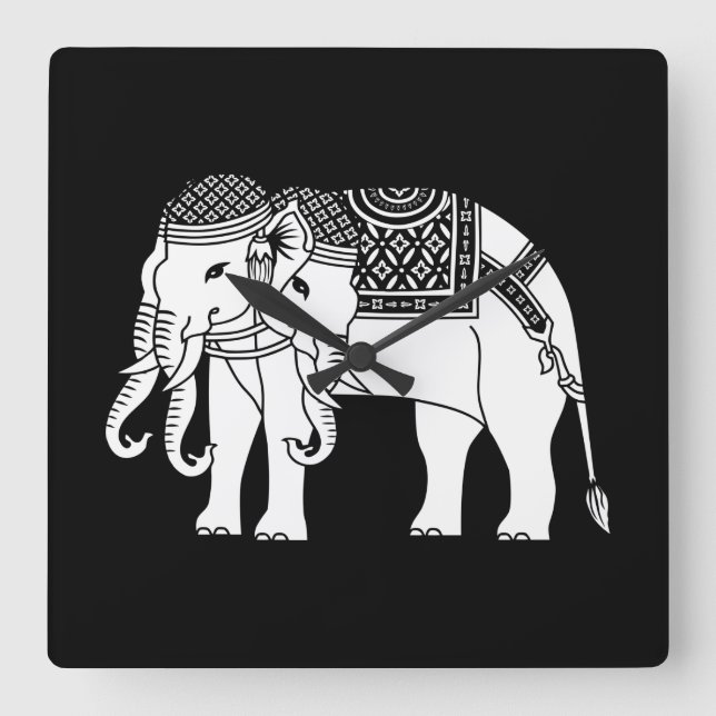 Thai Erawan White Elephant Square Wall Clock (Front)