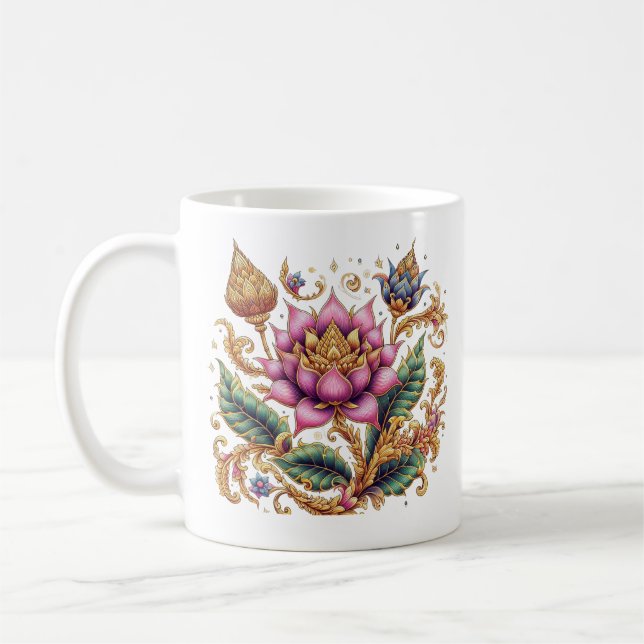 Thai Motif Flower Classic Ceramic Coffee Mug (Left)