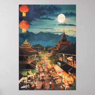 Thai Night Market Art Print Moonlit Bangkok Street