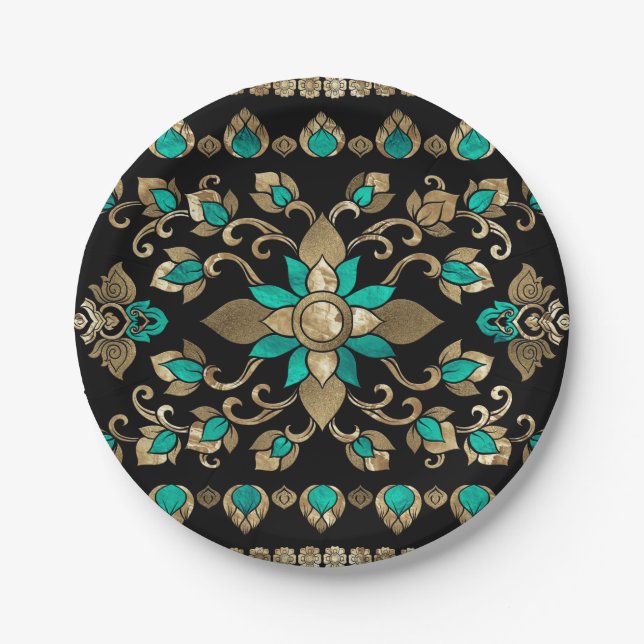 Thai Ornament - Gold and Teal Paper Plate (Front)