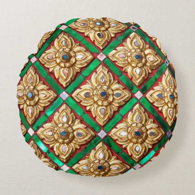 Thai pattern inside wall of Thai templethailand, a Round Cushion (Front)