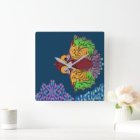 Thai Script Abstract Fish Art | Square Wall Clock