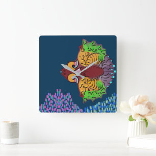 Thai Script Abstract Fish Art Square Wall Clock