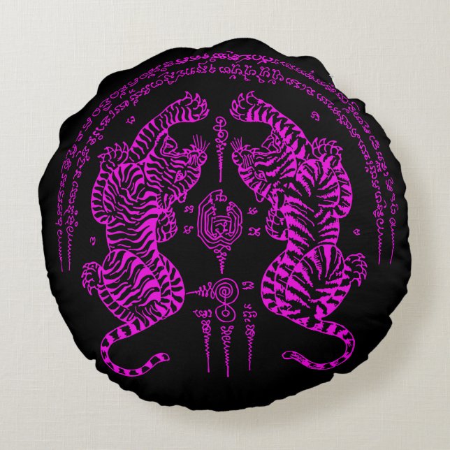 Thai Tattoo Designs Tiger " Yant Suea Koo " Pink Round Cushion (Back)
