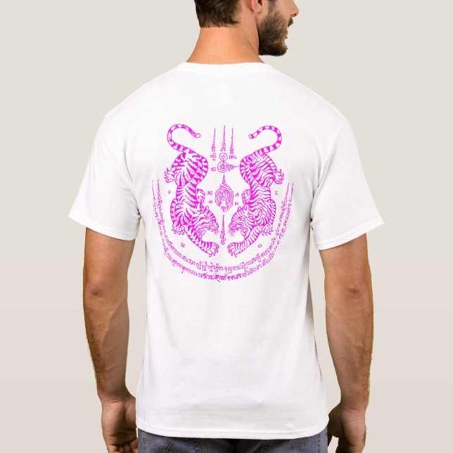 Thai Tattoo Designs Tiger " Yant Suea Koo " Pink T-Shirt (Back)
