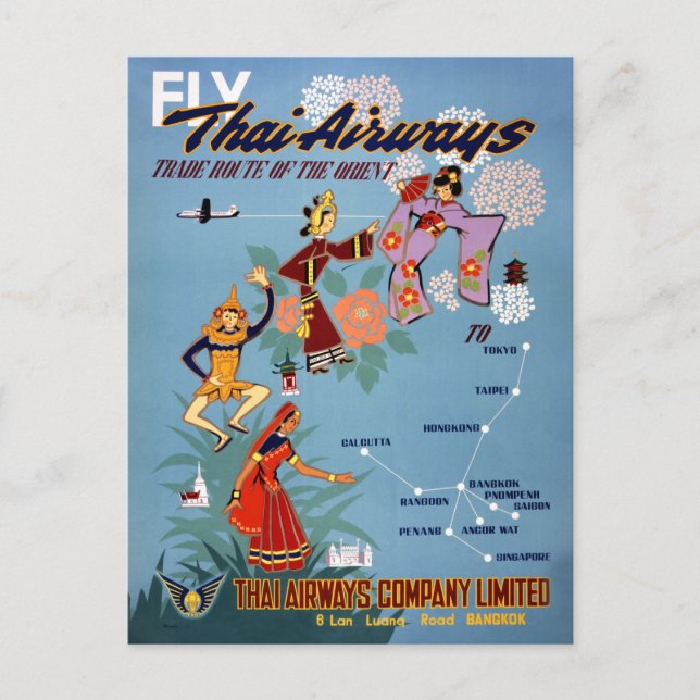Thai Vintage Air Travel Poster Restored Postcard (Front)