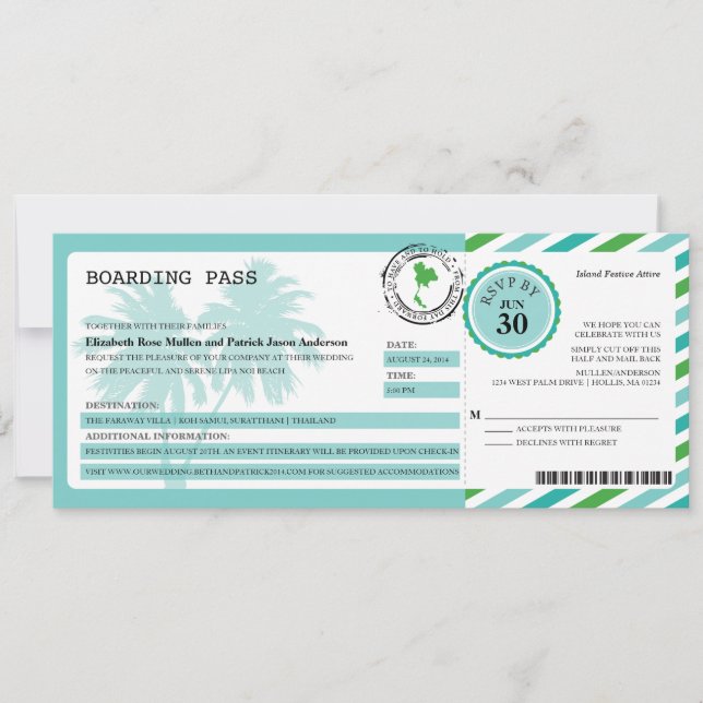 Thailand Airmail Boarding Pass Wedding Invitation (Front)