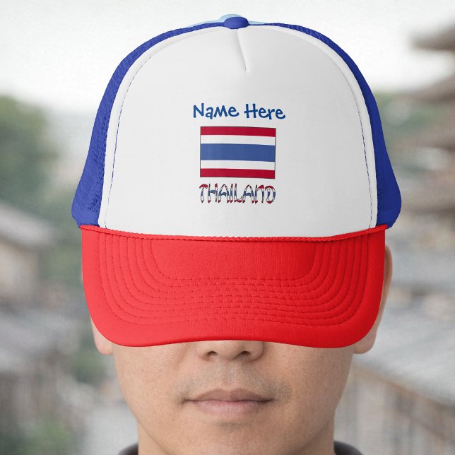 Thailand and Thai Flag Blue Personalisation  Trucker Hat (Personalized trucker hat has Thai Flag and THAILAND in flag colors. Above add a name in blue text.)