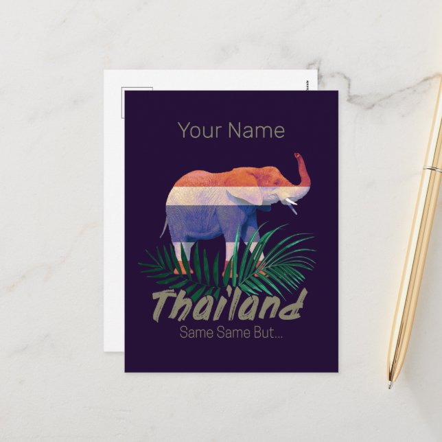 Thailand Elephant Flag Jungle Leaves Thai Souvenir Holiday Postcard (Front/Back In Situ)