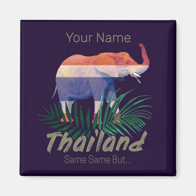Thailand Elephant Flag Jungle Leaves Thai Souvenir Magnet (Front)