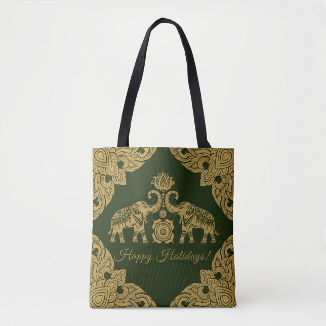 Thailand Elephant Happy Holidays Gift Gold & Green Tote Bag (Front)