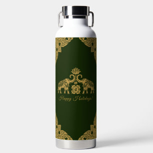 Thailand Elephant Happy Holidays Gift Gold & Green Water Bottle