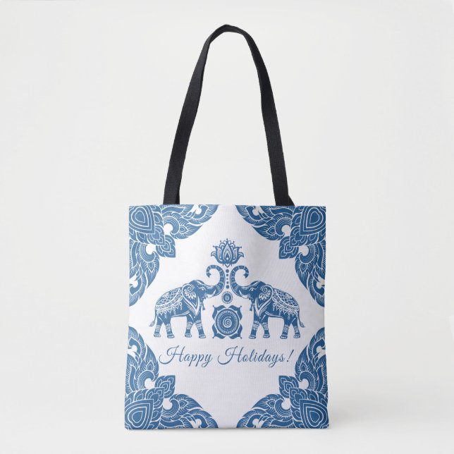 Thailand Elephant Happy Holidays Gift Navy & White Tote Bag (Front)
