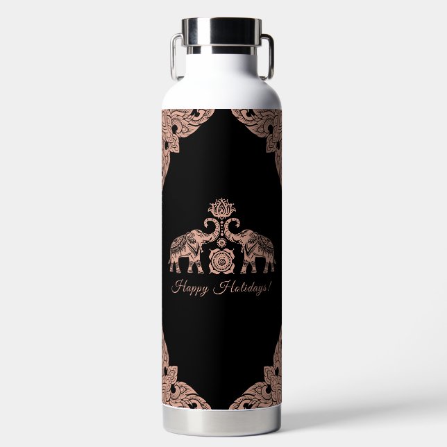 Thailand Elephant Happy Holidays Gift Pink & Black Water Bottle (Front)