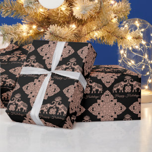 Thailand Elephant Happy Holidays Gift Pink & Black Wrapping Paper