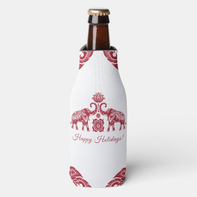 Thailand Elephant Happy Holidays Gift Red White Bottle Cooler (Bottle Front)