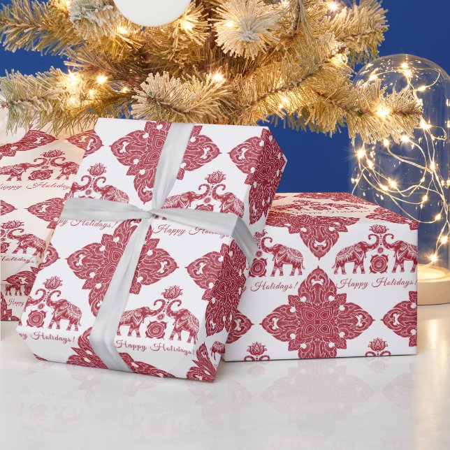 Thailand Elephant Happy Holidays Gift Red White Wrapping Paper (Holidays)