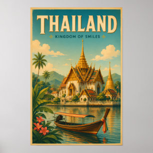 Thailand Temple Illustration Travel Art Vintage Poster