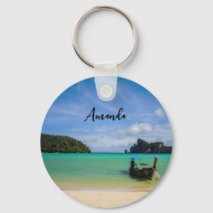 Thailand Travel Beach Photo with Fishing Boat Key Ring