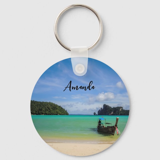 Thailand Travel Beach Photo with Fishing Boat Key Ring (Front)