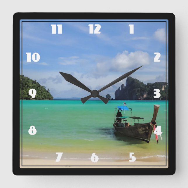 Thailand Travel Beach Photo with Fishing Boat Square Wall Clock (Front)