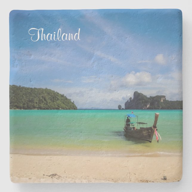 Thailand Travel Beach Photo with Fishing Boat Stone Coaster (Front)