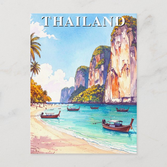 Thailand Vintage Travel Cliffs and Longtail Boats Postcard (Front)