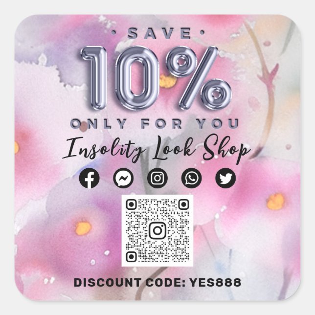 Thank 10%Off QRCODE Logo Discount Code Floral Grey Square Sticker (Front)