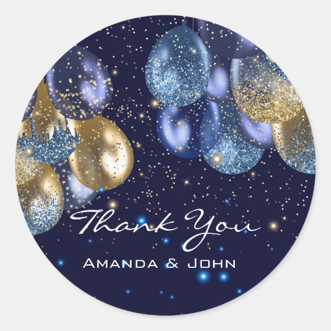 Thank 16th Bridal Wedding Ballon Blue Navy Gold Classic Round Sticker (Front)
