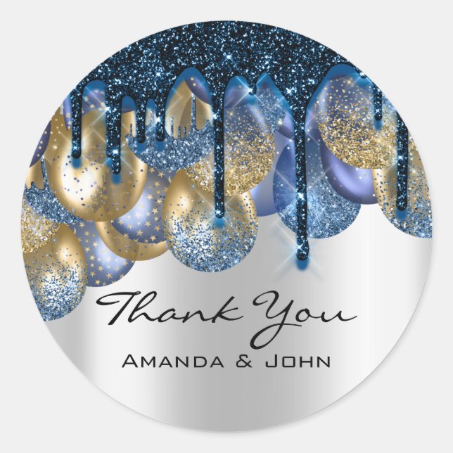 Thank 16th Bridal Wedding Ballons Blue Navy Silver Classic Round Sticker (Front)