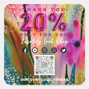 Thank 20% Off QR CODE Logo Discount Floral Gold Square Sticker