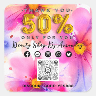 Thank 50% Off QR CODE Logo Discount Flowers Summer Square Sticker